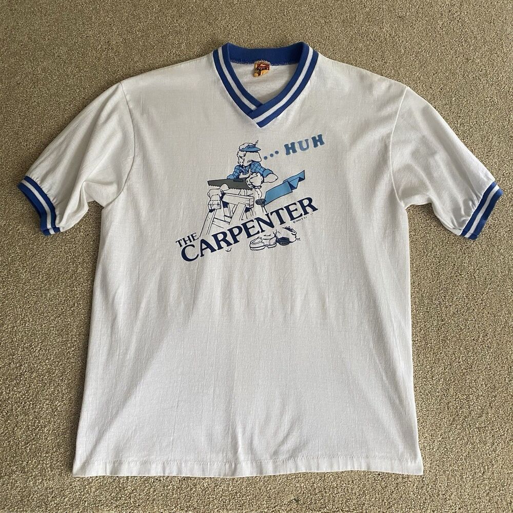 Vtg 1980s Carpenters T-shirt Mens L Single Stitch Funny Tee Blue 80s